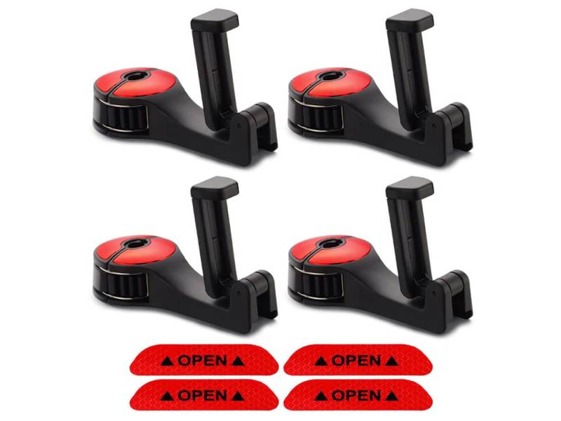 Anlising 4 Stücke Autositz Haken Halter, Universal Auto Kopfstütze Haken, 2 in 1 Autositz Lagerung Haken, Autositz Zurück Haken, Senden 4 Reflektierende Aufkleber, für Suspension Handtaschen (Rot) von Anlising