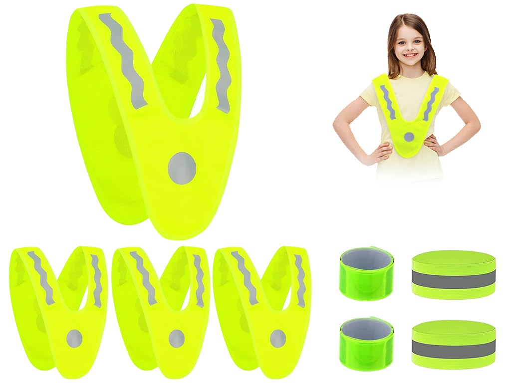 Anlising 4PCS Warnweste Kinder+4PCS Reflektorband, V-Form Leichte Kinderwarnweste, Reflektorweste Kinder, Warnschutzweste Kinder, Sicherheitsweste Kinder, Warnwesten für Kinder Laufen und Radfahren von Anlising