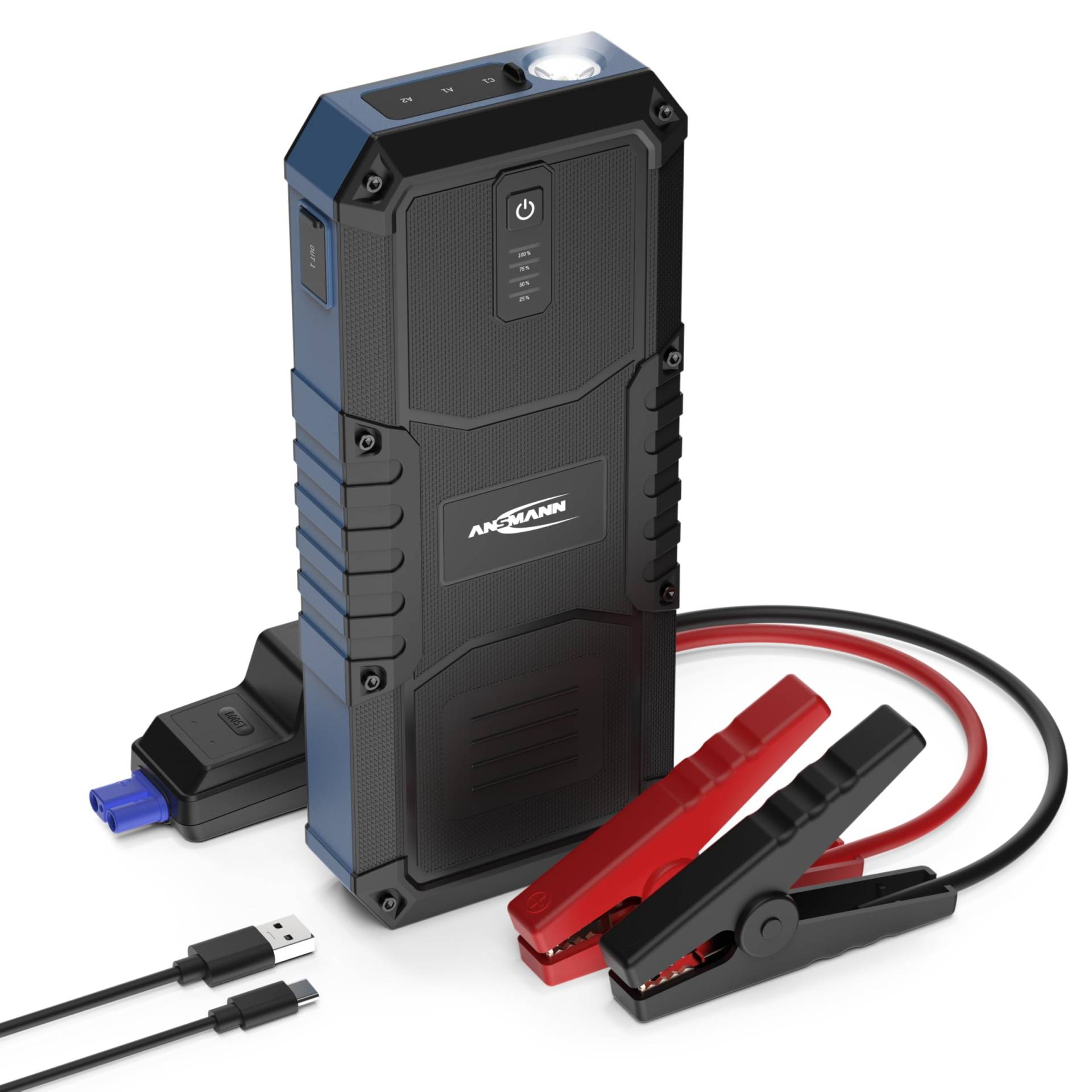 ANSMANN Starthilfe-Powerbank, 2500A, 12V Fahrzeugbatterien, kompakt, Starter-Powerbank, Auto,Motorrad,Boot, mit Lampe, 7L Benzin 4L Diesel, 3xUSB Anschluss von Ansmann