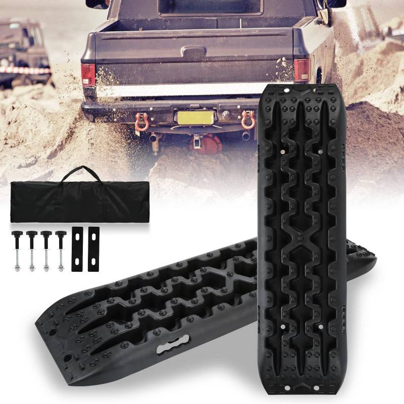 Ansobea 2 Stücke Sandbleche Anfahrhilfe Traction Mats,Schlamm Schnee Sand Recovery Board Offroad Tracks Traktionsmatte,mit Aufbewahrungstasche und Installationstool,10T Last für PKW LKW Geländewagen von Ansobea