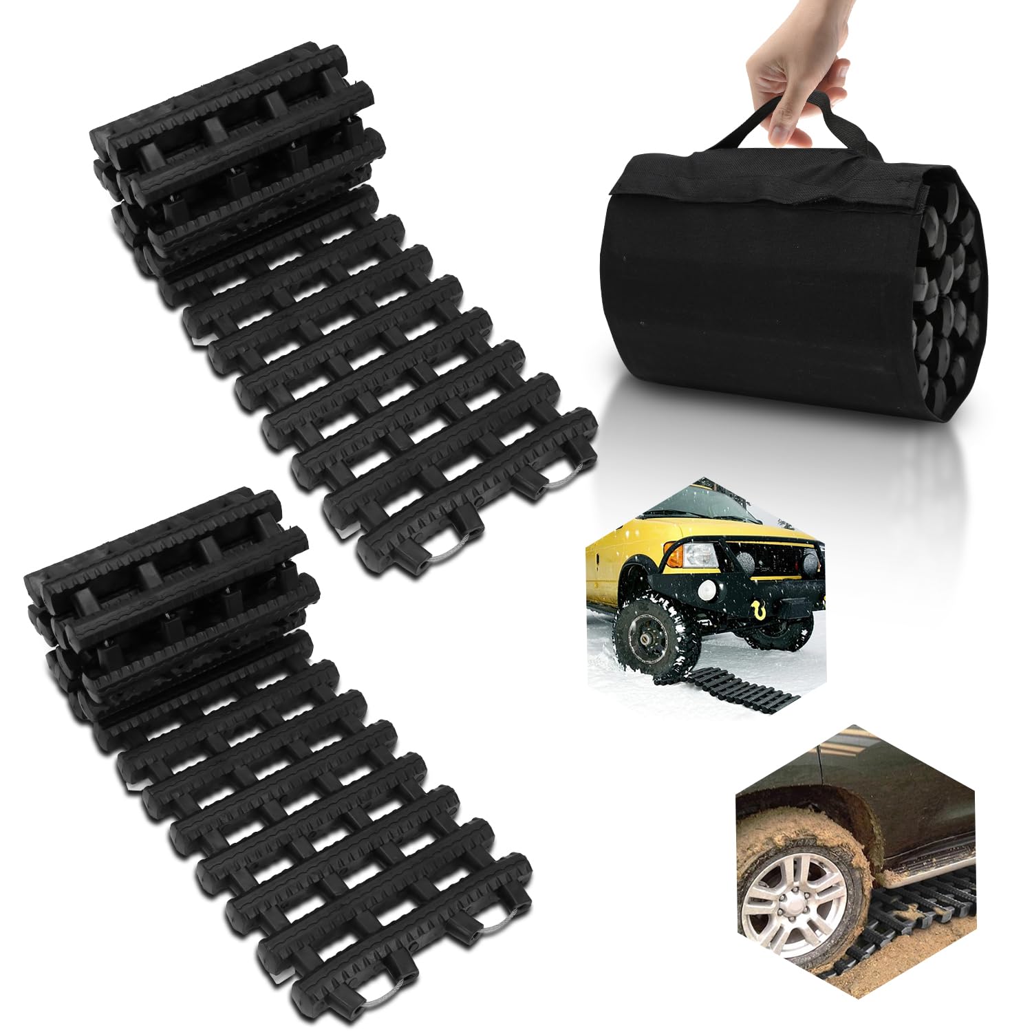 Ansobea 2er-Set Auto Anfahrhilfe, 100 x 21 cm Traktionshilfe, Schwerlast Gummi Traktionsmatte, Anfahrtshilfe Set mit Tragetasche, Offroad Anfahrmatte Sandblech für Schnee, EIS, Schlamm von Ansobea