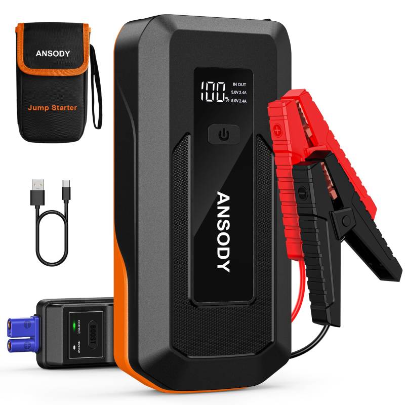 ANSODY Starthilfe Powerbank,3000A Auto Starthilfe Powerbank für 12V PKW(Bis zu 10L Benzin/8L Diesel),Starter Powerbank mit LED,Batterie Booster Jump Starter Powerpack mit Starthilfekabel,Orange von Ansody