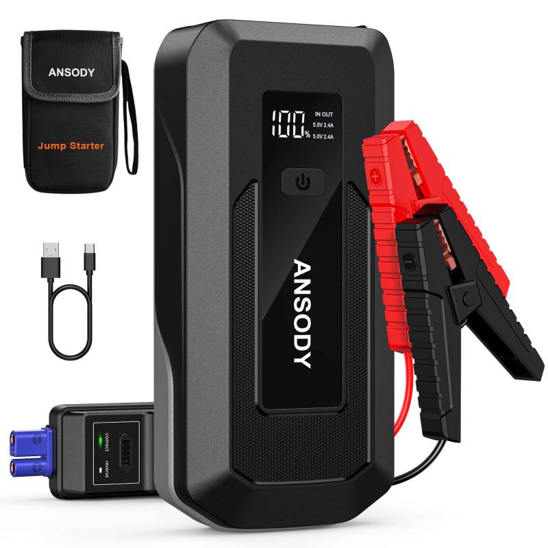 ANSODY Starthilfe Powerbank,3000A Auto Starthilfe Powerbank für 12V PKW (Bis zu 10L Benzin/8L Diesel),Starter Powerbank mit LED,Batterie Booster Jump Starter Powerpack mit Starthilfekabel,Grau von Ansody