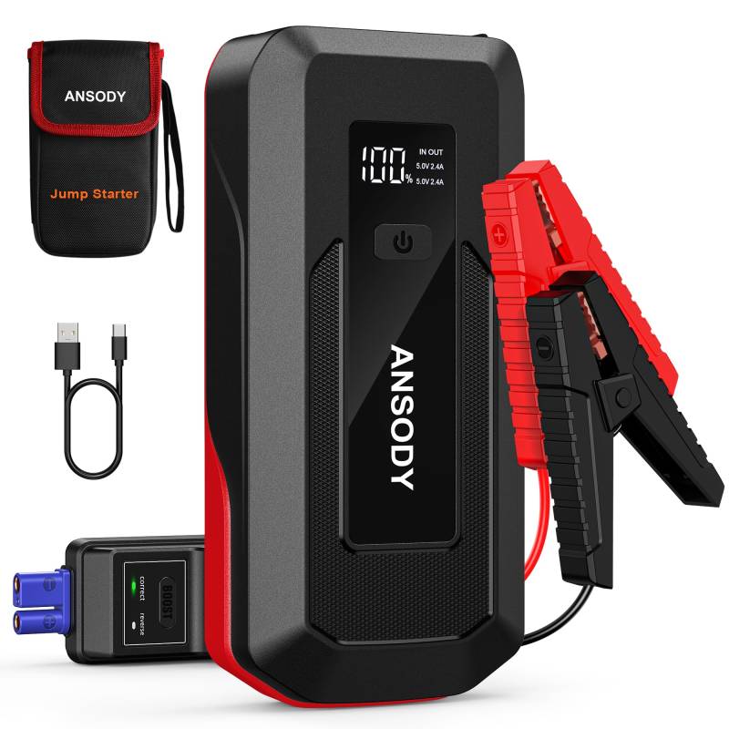 ANSODY Starthilfe Powerbank,3000A Auto Starthilfe Powerbank für 12V PKW Fahrzeuge(Bis zu 10L Benzin/8L Diesel),Starter Powerbank mit LED,Batterie Booster Jump Starter Powerpack mit Starthilfekabel,Rot von Ansody