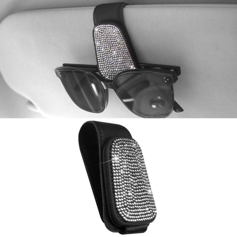 Anwlki Bling Sonnenbrillenhalter für Auto Visier Magnetische Leder Brillenhalter Visier Clip, Strass Brille Brillenbügel Ticket Karte Clip für Frauen Mädchen (Silber) von Anwlki