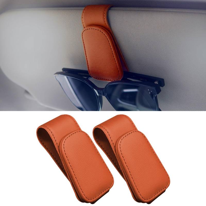 Anwlki Brillenhalt Brillenhalter für Auto Sonnenblende 2 Packungen Magnetisch Leder Sonnenbrillenhalter Auto Brillenhalterung Ticket-Karten-Clip (Orange Farbe) von Anwlki