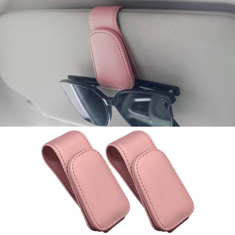 Anwlki Brillenhalt Brillenhalter für Auto Sonnenblende 2 Packungen Magnetisch Leder Sonnenbrillenhalter Auto Brillenhalterung Ticket-Karten-Clip (Rosa) von Anwlki