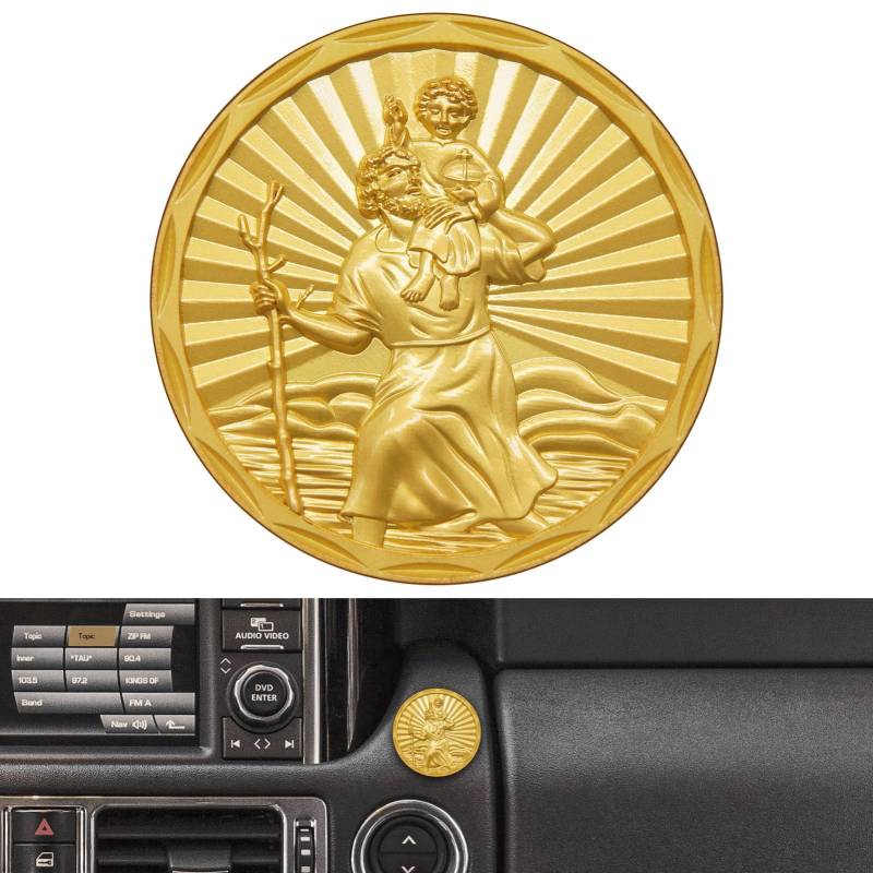 Anwlki Heiligen Christophorus Auto Plaketten Ø 3.4cm Heiliger Christophorus Medaille Beschutze Uns Komm Gut Heim Geschenk mit Magnet und 3 Doppelseitig Klebende Aufkleber, 1 Eisenstück (Gold) von Anwlki