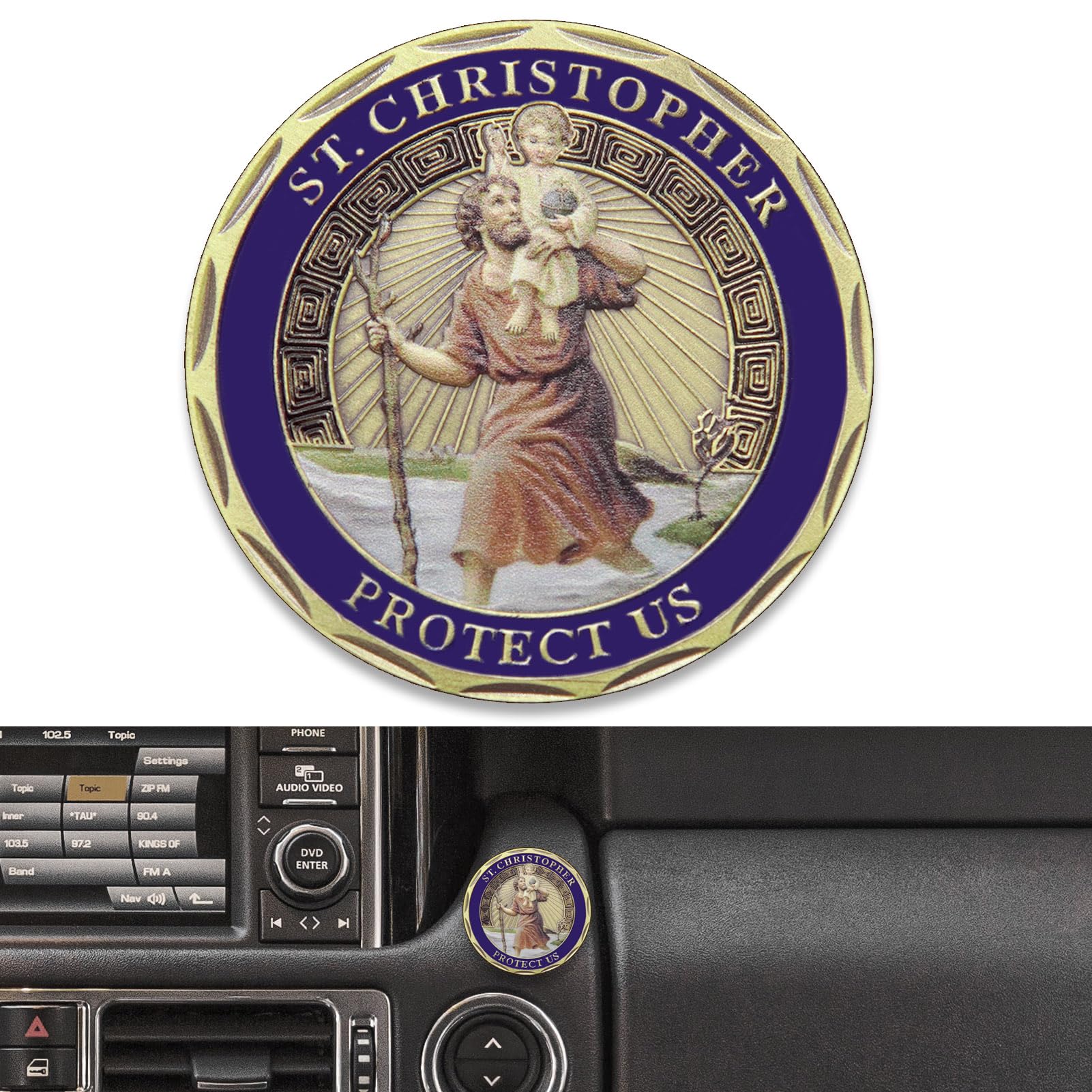 Anwlki Heiliger Christophorus Auto Plaketten Ø 4cm Heiligen Christophorus Medaille Beschutze Uns Komm Gut Heim Geschenk mit 1 Magnet Eisenstück und 3 Doppelseitig Klebende Aufkleber (Bunt) von Anwlki