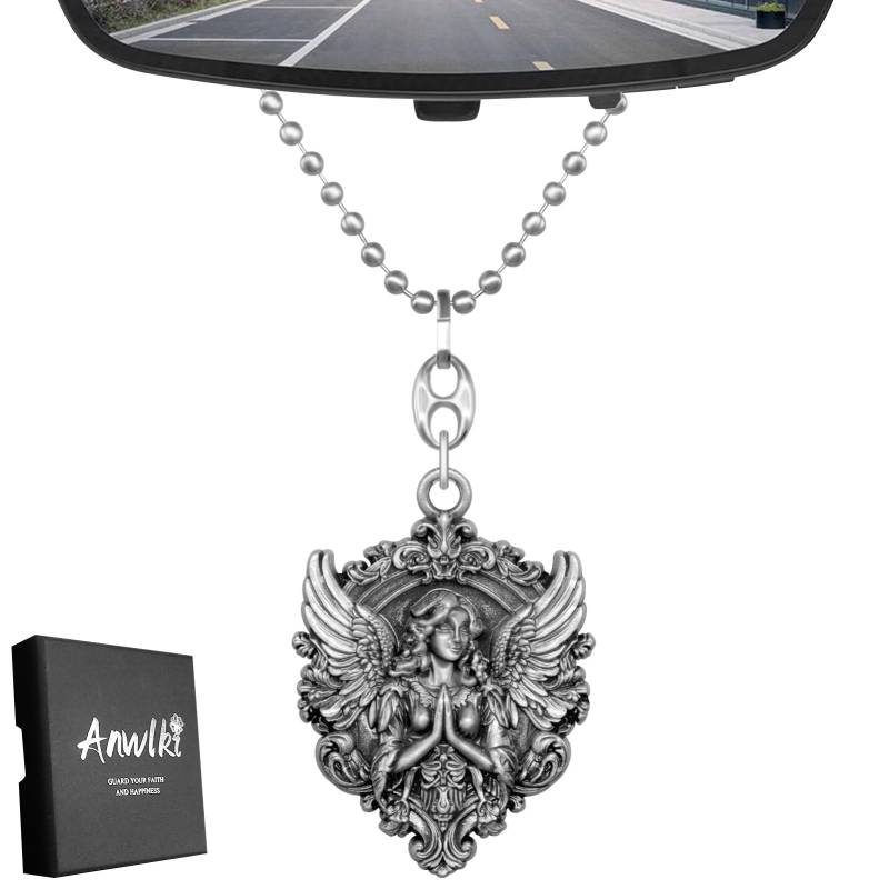 Anwlki Schutzengel Autospiegel Auto Innenspiegel Anhänger Guardian Angel Glücksbringer Engel Medaillenanhänger Schutzpatron (Altes Silber) von Anwlki