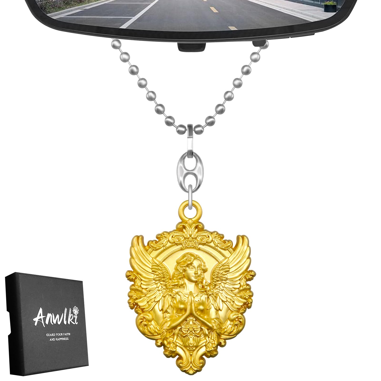 Anwlki Schutzengel Autospiegel Auto Innenspiegel Anhänger Guardian Angel Glücksbringer Engel Medaillenanhänger Schutzpatron (Gold) von Anwlki