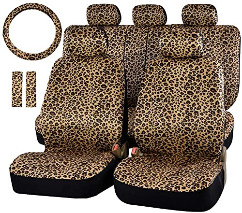 Leopard Cheetah Autositzbezüge, komplettes Set, vorne und hinten, komplett mit 2 Sicherheitsgurtpolstern und universeller 38.1 cm Lenkradbezug, LKWs, SUV oder Van für Frauen (Leopard) von Aodelai