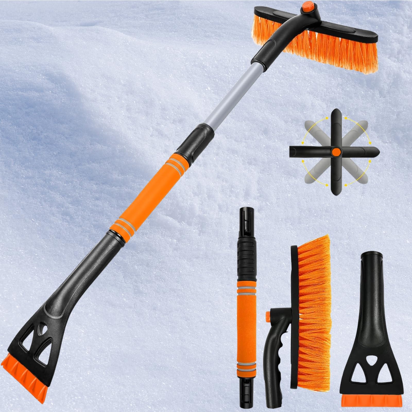 Aoiuenok Eiskratzer Auto mit Besen, 2 In 1 Abnehmbarer Eisschaber, Schneebesen Auto für 360° Drehbarer Kopf, mit Rutschfestem Schaumstoffgriff - 90 cm Ausziehbare Schnee Auto Besen (Orange Farbe) von Aoiuenok