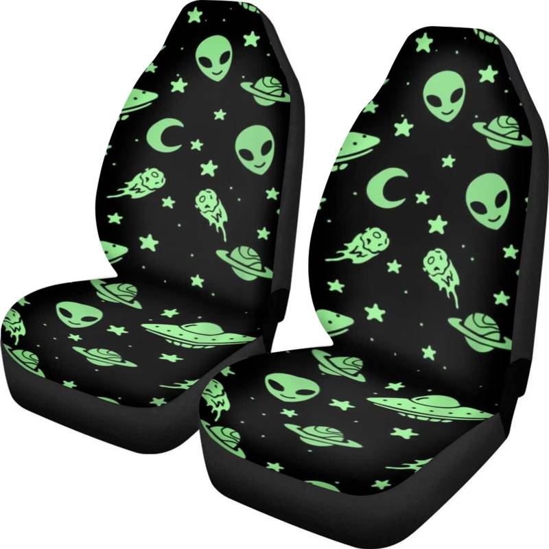 Aoopistc Green Alien Moon UFO Autositzbezüge Universal Fit SUV Sitzbezüge Frontkissen Schutz für LKW Limousine Van 2 Packungen Auto Interior Zubehör Set für Frauen Herren, atmungsaktiv & rutschfest von Aoopistc