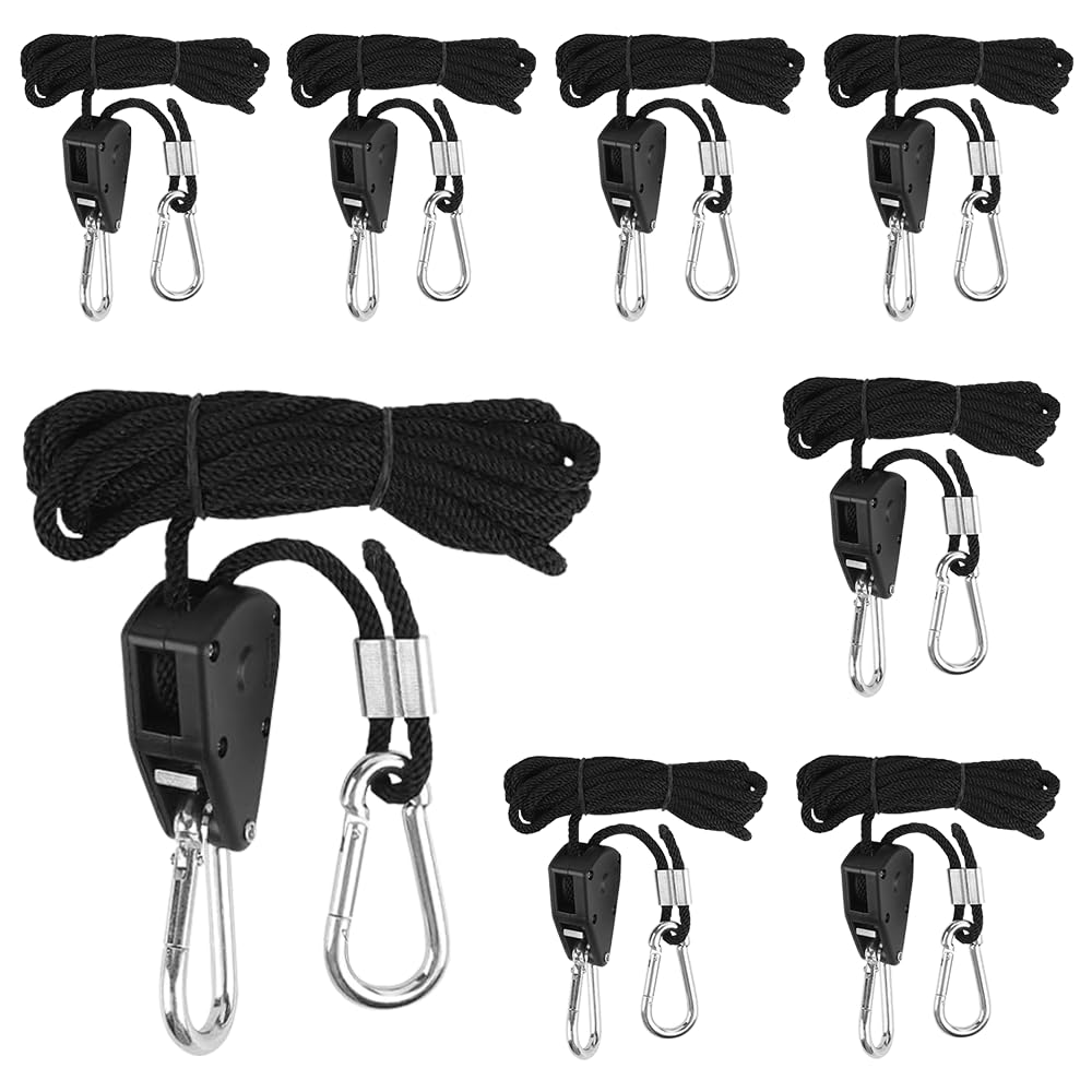 Aoreun Ratchet Hanger, 8 Stück Seil Ratsche mit Haken, Einstellbare Seil Seilhaken Ratsche Seilratsche 2M,1/8 Zoll Seilratsche für Hängende Zelt Wachsen Pflanze Lampe, 68kg Tragkraft pro Paar von Aoreun