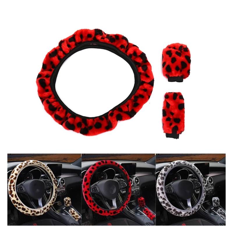 GUYTRM 3 Teile/Satz Leopard Fluff Plüsch Lenkrad Abdeckung Winter Auto Zubehör lingli(rot) von Aqxyxsw