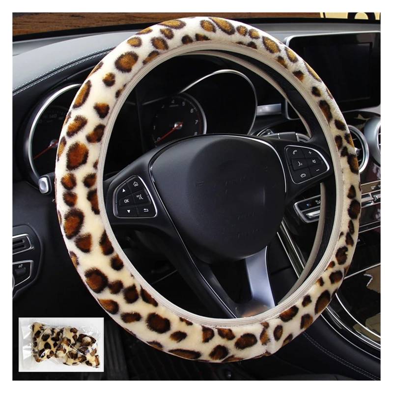 GUYTRM Leopard-Lenkradbezug, Bedruckt, Plüsch, elastischer Abschnitt, Auto-Lenkrad-Geflecht-Abdeckung, Auto-DIY-Autozubehör, rutschfest, weich lingli(Beige) von Aqxyxsw