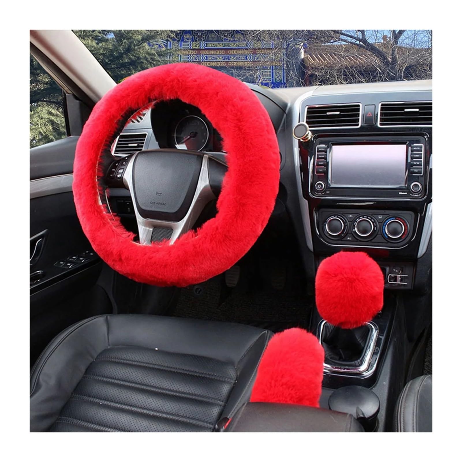 GUYTRM rutschfeste Auto-Mantel, Lenkrad, Schalthebel, Handbremse, Plüschbezug, 3-teiliges Set, langlebig, Frostschutzmittel, Auto-Abdeckung, SUV lingli(Bright Red) von Aqxyxsw