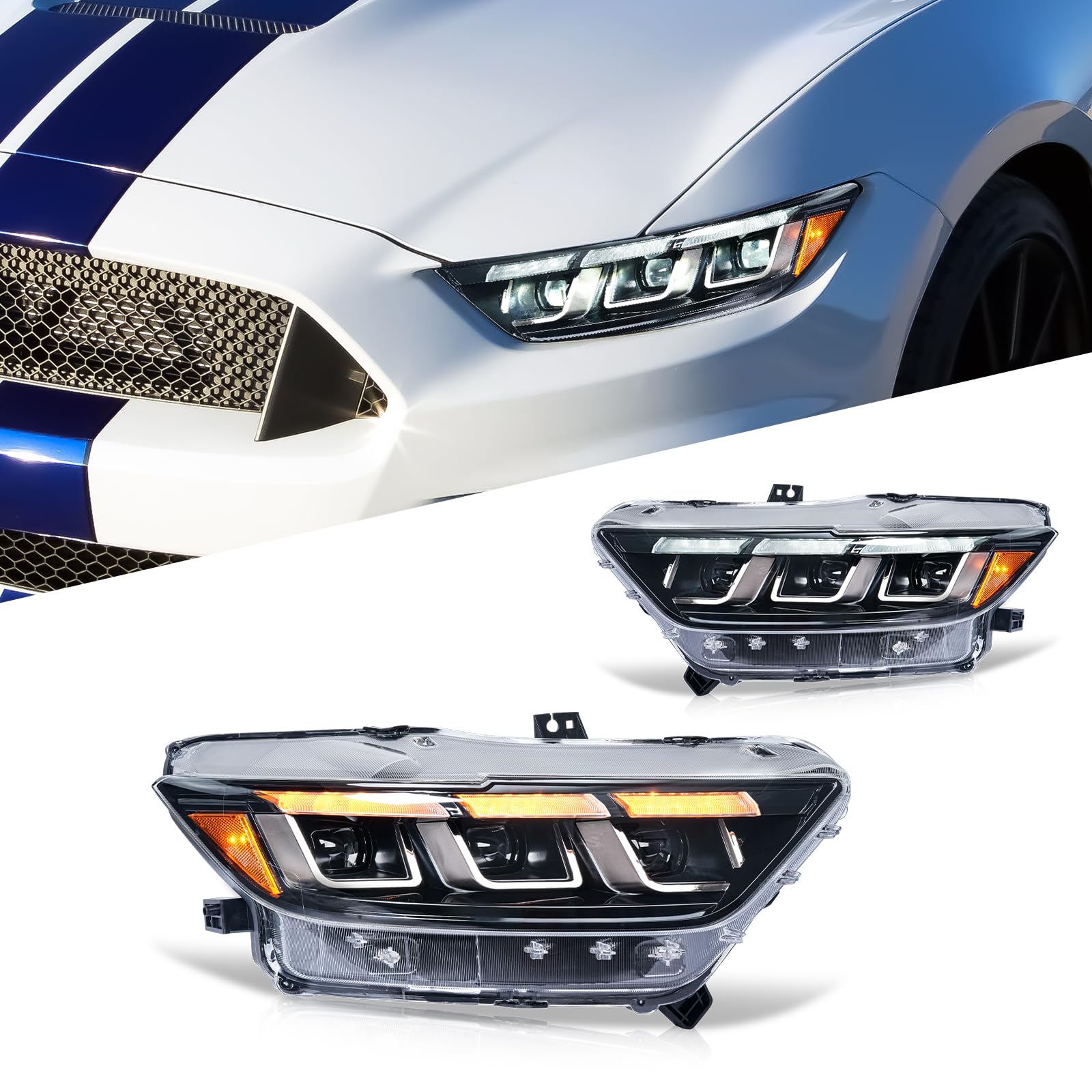 Archaic 3LINSE Scheinwerfer kompatibel mit 2015-2017 Ford Mustang & 2015-2022 Shelby GT350 GT350R GT500, Frontlichter mit Animation DRL,Kein E-Prüfzeichen von Archaic