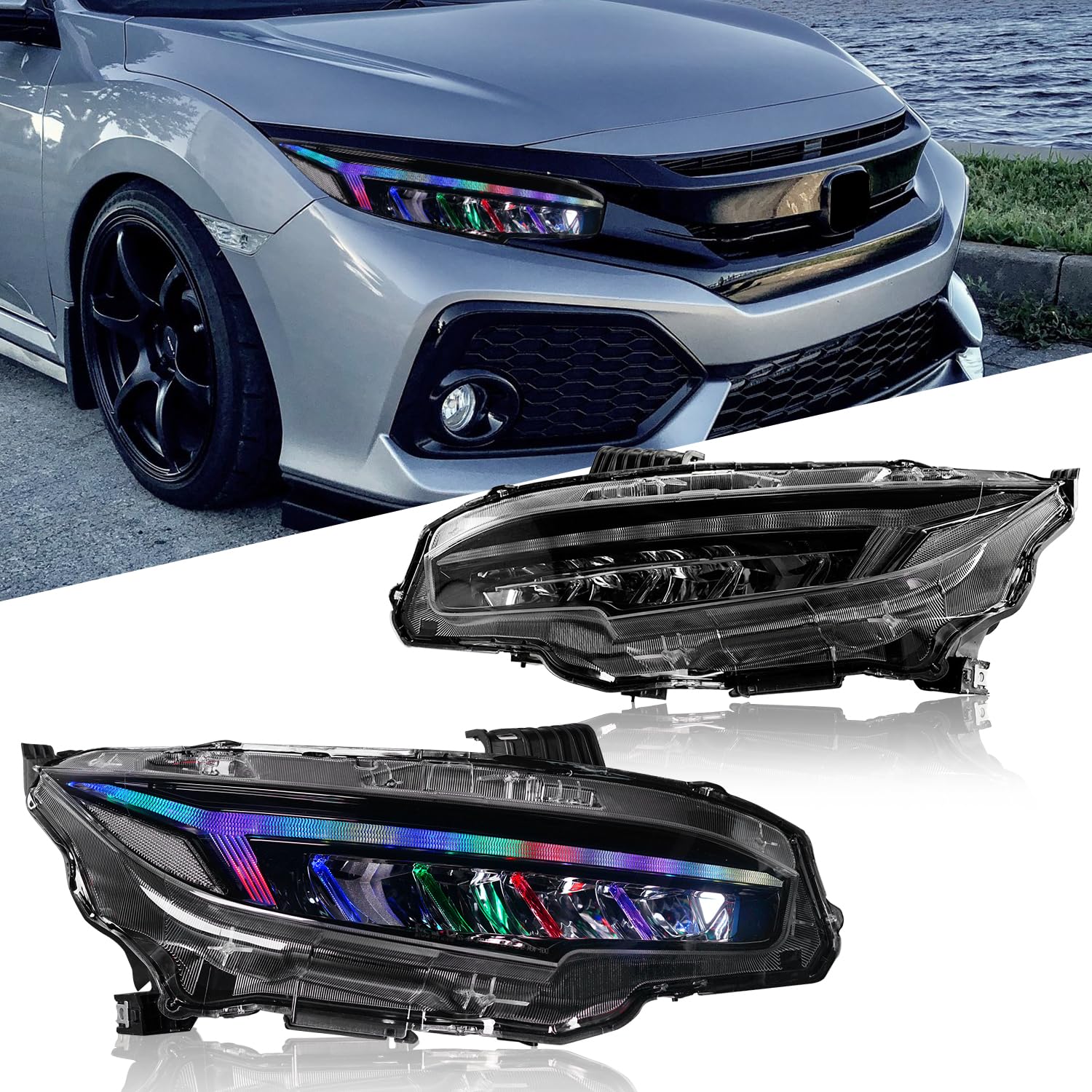 Archaic RGB Scheinwerfer kompatibel mit 10th Honda Civic Seden Hatchback 2016-2021, Frontlichter mit Animation RGB DRL,Kein E-Prüfzeichen von Archaic