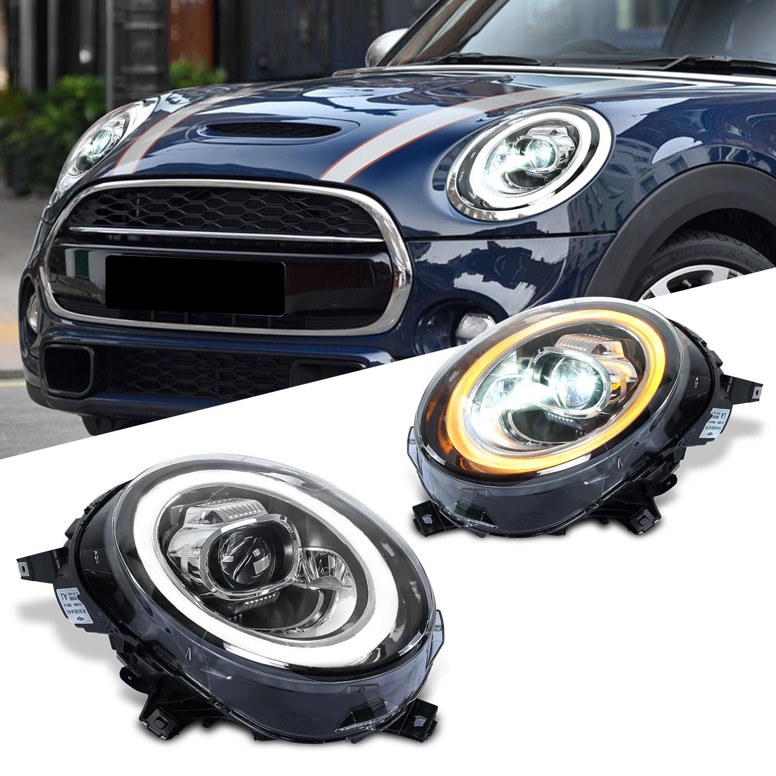 Archaic RGB-Scheinwerfer kompatibel mit Mini F54 Clubman Cooper F55-59 JCW 2014-2021, für OE-Halogen-Modelle, mit RGB-Animation DRL,mit E-Prüfzeichen von Archaic