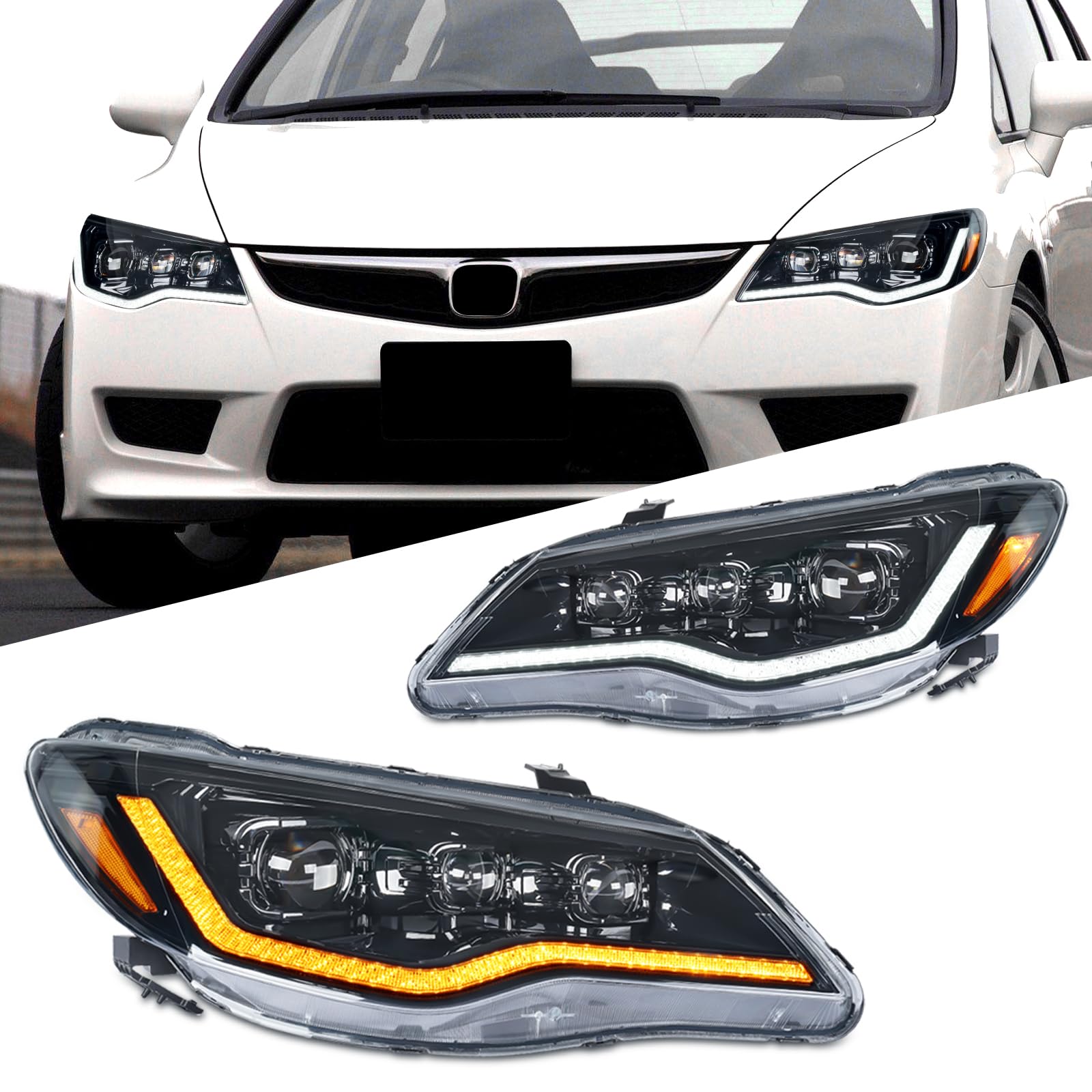 Archaic Scheinwerfer kompatibel mit 8th Gen Honda Civic FD1 FD2 Type R FD3 2006-2011,nicht für FN1 FN2 Typ R FK3 Hatchback, Frontlichter mit Animation DRL,Kein E-Prüfzeichen von Archaic