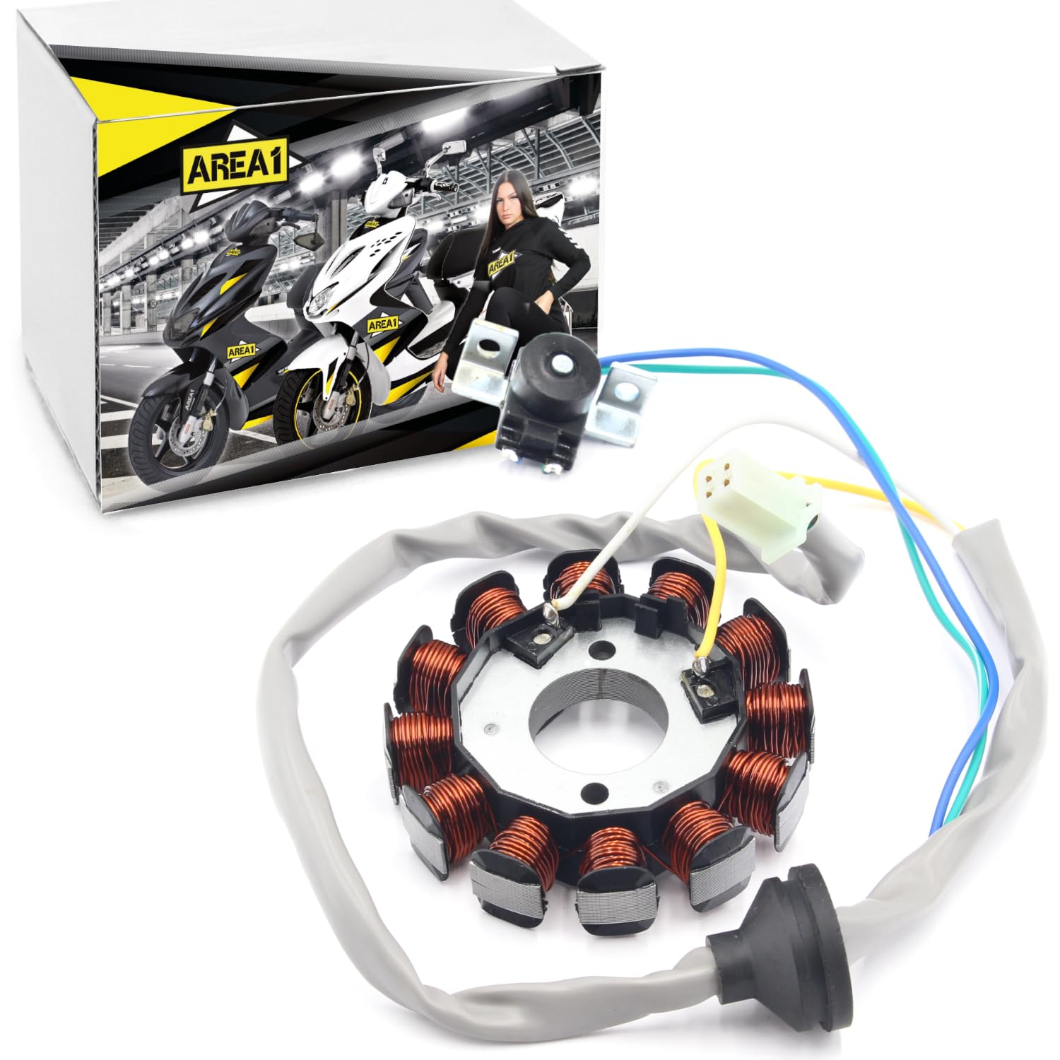 Area1 Ersatz Lichtmaschine Stator für 50ccm Minarelli ab Bj. 03-12 Pole - Für Yamaha Aerox, Neos, Jog, MBK Nitro, Booster, Stunt, Adly Her Chee, Malaguti F10 F12 F15,Italjet (Minarelli) von Area1