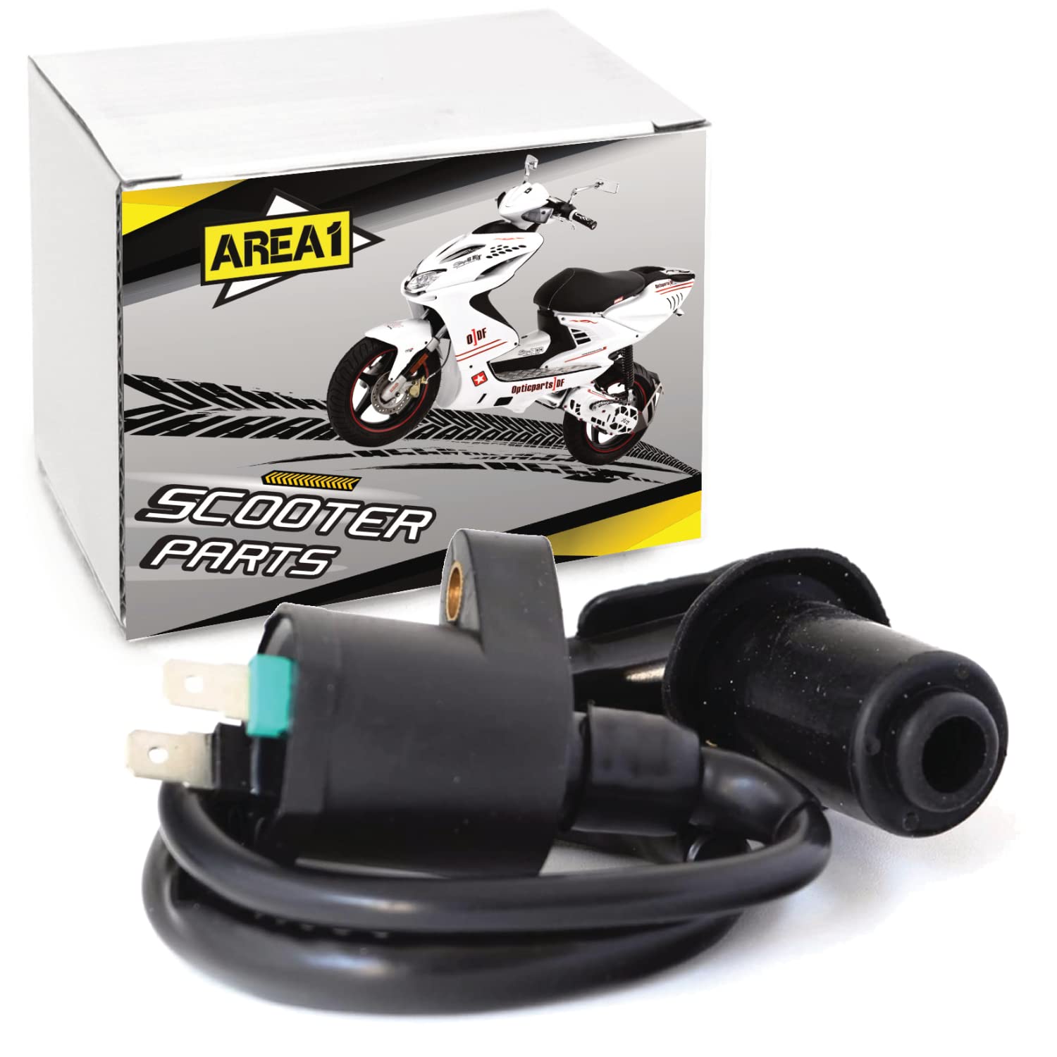 Area1 Ersatz Motorroller 2Pin Zündspule + Zündkerzenstecker. Kompatibel mit Piaggio Vespa Aprilia Peugeot Kymco Sym GY6 Rex Znen Huatian Yiying ATU TGB Nova AGM Motors Motowell 139QMA/QMB von Area1