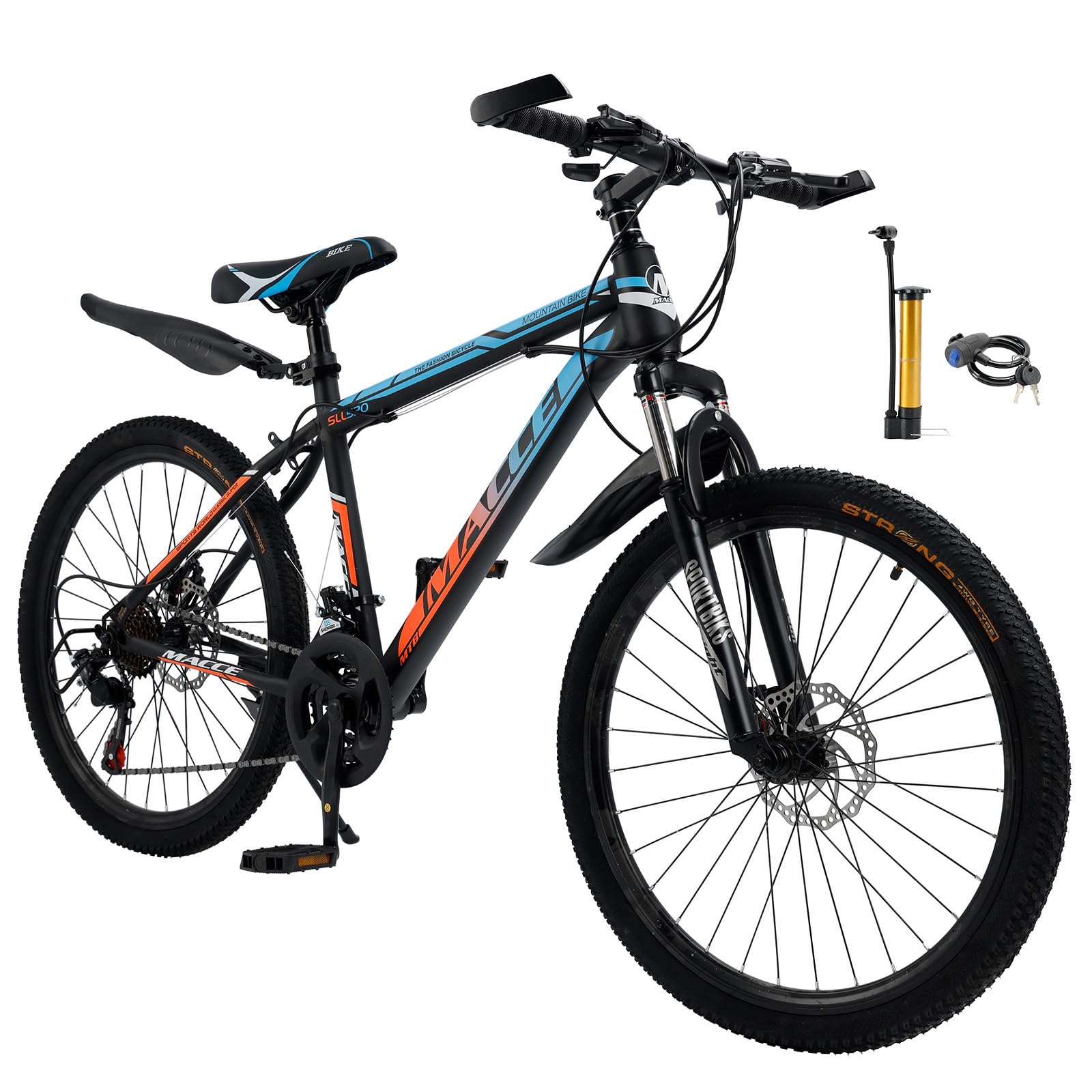 24 Zoll Mountainbike für Herren und Damen, 24-Gang-Schaltung, Kohlenstoffstahlrahmen, Mechanische Dual-Scheibenbremsen, Federungsgabel, Aluminiumfelgen, Stoßdämpfend, Blau+Orange, MTB für Erwachsene von Areyourshop