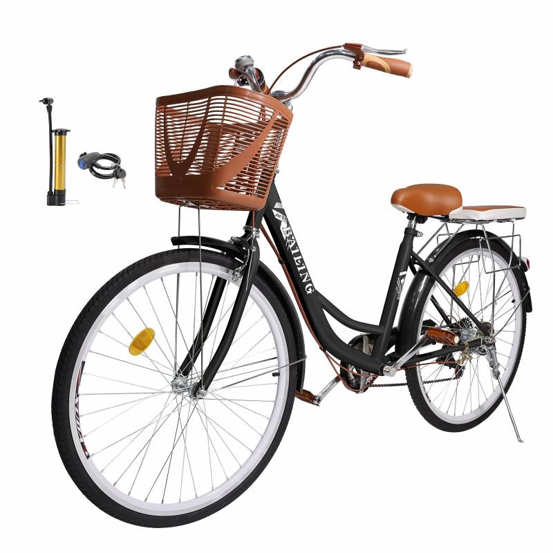 26 Zoll Beach Cruiser Fahrrad für Damen, 7-Gang-Schaltung, City-Bike mit verstellbarem Sitz und Korb, Hochfester Kohlenstoffstahlrahmen, Komfortabel, Leicht zu montieren von Areyourshop