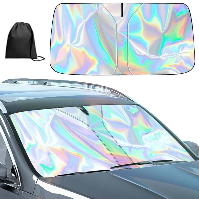 AriKroii Auto Sonnenschutz für die Frontscheibe, Faltbarer Auto Frontscheibenabdeckung Innen, Laser-Regenschirm UV-beständig, Frontscheibe Sonnenblende für die meisten Autos (140x70 cm) von AriKroii