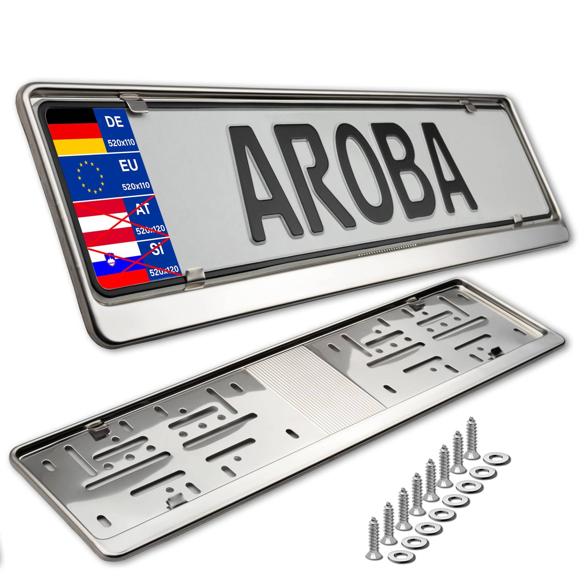 AROBA 2X Premium Auto Kennzeichenhalter 100% Edelstahl POLIERT für DEUTSCHLAND und EU (Kennzeichen der Größe 520mm x 110mm) Nummernschildhalter Kennzeichenhalterung INOX Rostfreier Stahl V2A von AROBA