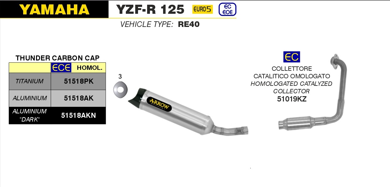 Sport Auspuff Komplettanlage Arrow Thunder Alu Yamaha YZF-R 125 Bj.2021-2022 EURO-5 +Kat / +ABE von Arrow