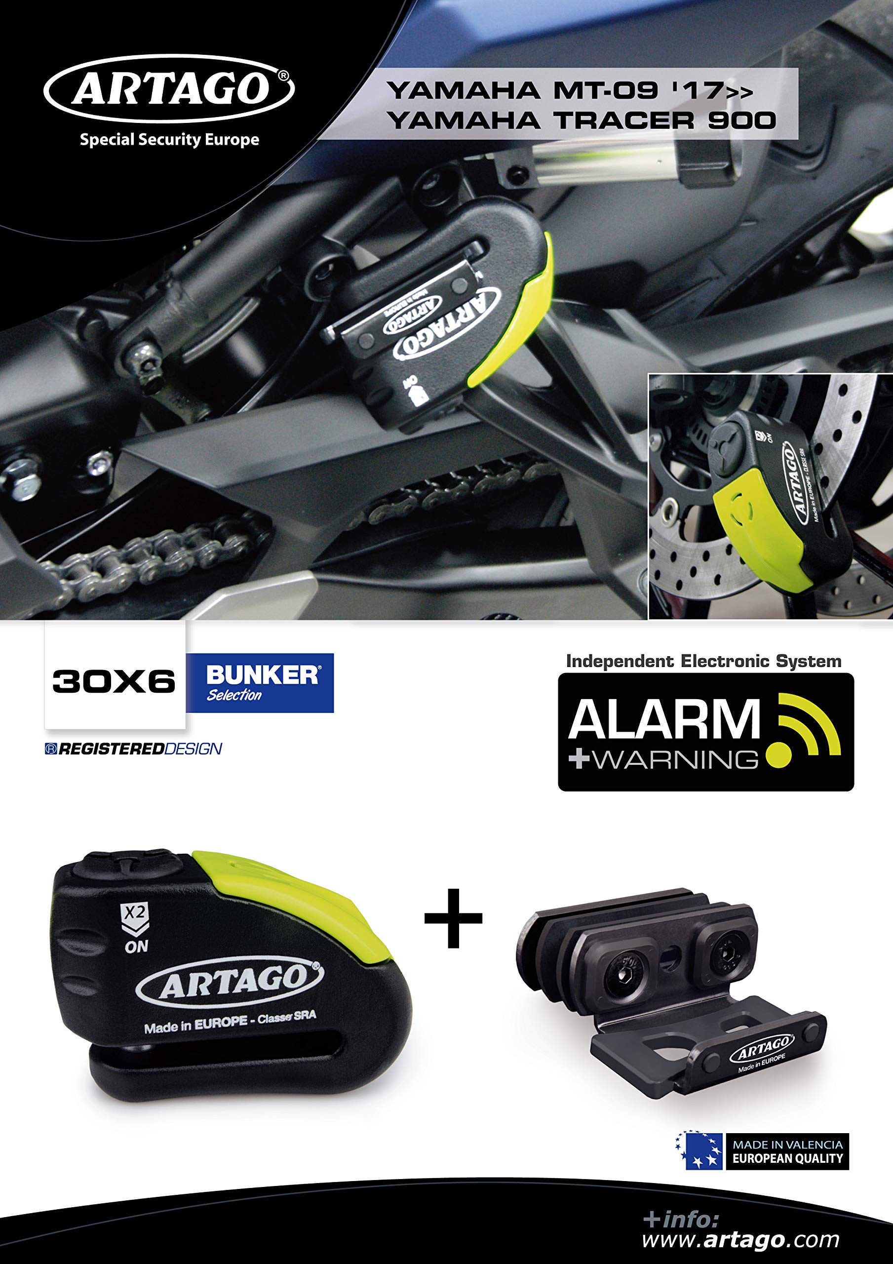 ARTAGO 30X6 Pack Bremsscheibenschloss mit Alarm 120db Hohe Sicherheit + Halterung für Yamaha MT-09 und Tracer 900, SRA und Sold Secure Gold homologiert von Artago