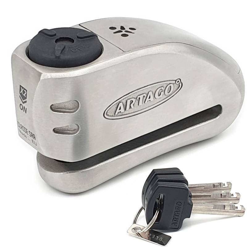 Artago 32 High-End Bremsscheibenschloss Motorrad Ohne oder Mit Alarm 120 dB + Don't Touch Warnung, Exklusives SAA-Dreifachverschluss-System, 5 mm Bohrschutz, SRA Geprüfte BUNKER SELECTION, inox von Artago