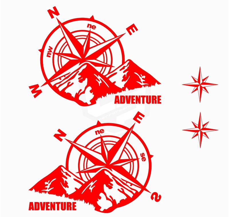 Artstickers 2 Stück Autoaufkleber Kompass Rosa Wind (25 x 19 cm) + 2 Sterne Geschenk Trail Off Road SUV 4x4 Sport für Auto oder Motorrad (rot) von Artstickers