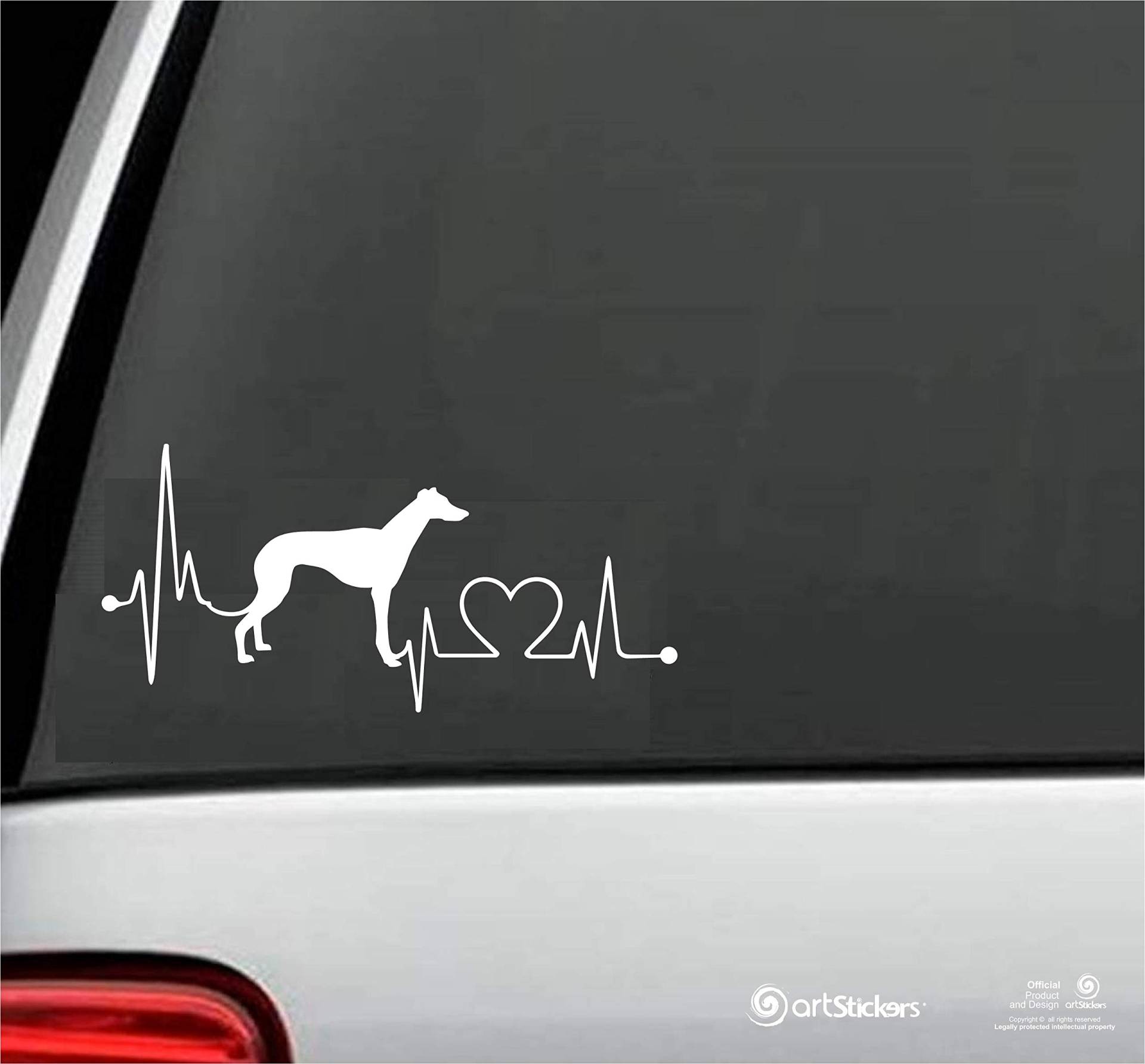 Artstickers Autoaufkleber, Motiv: Hund Galgo, 20 cm, für Auto-Liebhaber. Farbe: Weiß. Aufkleber Hund Herzschlag Spilart Geschenkaufkleber, eingetragene Marke. von Artstickers