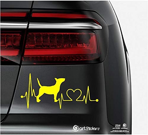 Artstickers Bull Terrier Autoaufkleber in Hundeform, 20 cm Farbe: Gelb. Aufkleber für Hunde mit Herzschlag. Spilart Geschenkaufkleber mit Logo. von Artstickers