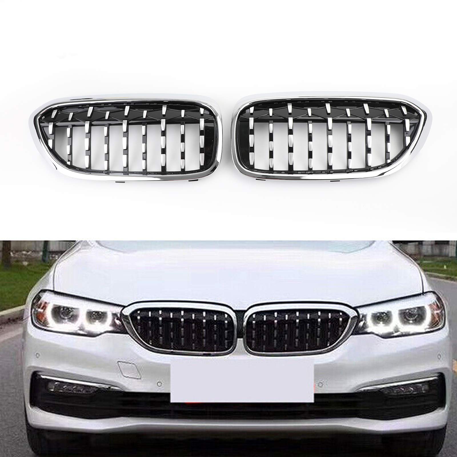 Artudatech Auto Kühlergrill Pair Chrome Diamond Style Front Grill Passend für B-M-W 5 Series G30 G38 2017-2019 von Artudatech