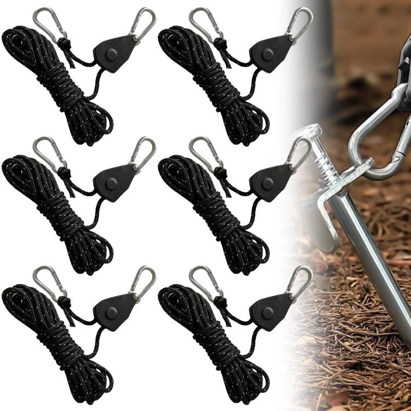 Asfrode 6 Stück 4mm Seil Ratchet Hanger 4M, Einstellbare Seilhaken Seilratsche,1/8 Zoll Seilaufhänger Reflektierend Abspannseile Leichte Abspannleine Zeltschnur mit Spanner für Zelt Zeltplane Camping von Asfrode