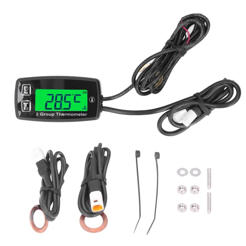 Motortemperaturanzeige, Zweikanal-LCD-Thermometer mit digitaler Anzeige, Motortemperaturanzeige mit grüner Hintergrundbeleuchtung, Thermometer für Motorrad, Boot, ATV, Schneemobil von Asixxsix