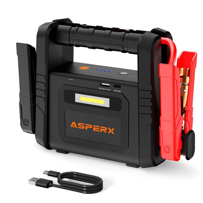 ASPERX 6000A Starthilfe Powerbank - Tragbare Auto Starthilfe für 12V Fahrzeuge (bis zu Alle Benzin oder 12L Diesel) - Batterie Booster mit LED Taschenlampe und Starthilfekabel von AsperX