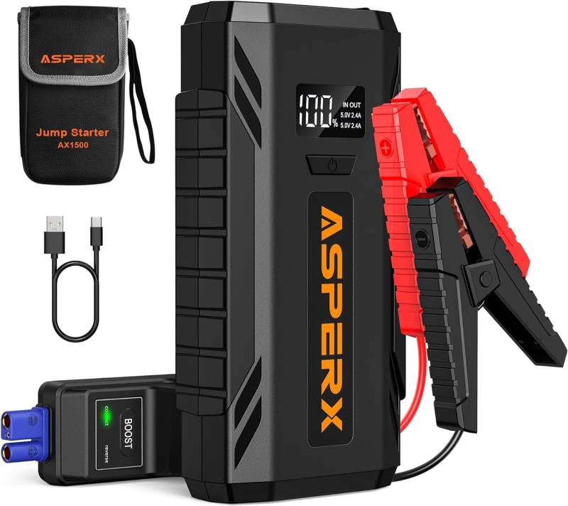 ASPERX Booster Autobatterie 1500A Tragbarer 12V-Autostarter(Bis zu 7.0L Gas oder 5.5L Diesel) Jump Starter mit Intelligenten Sicherheitszangen,LED-Taschenlampe und 1,4-Zoll-LCD-Bildschirm. von AsperX