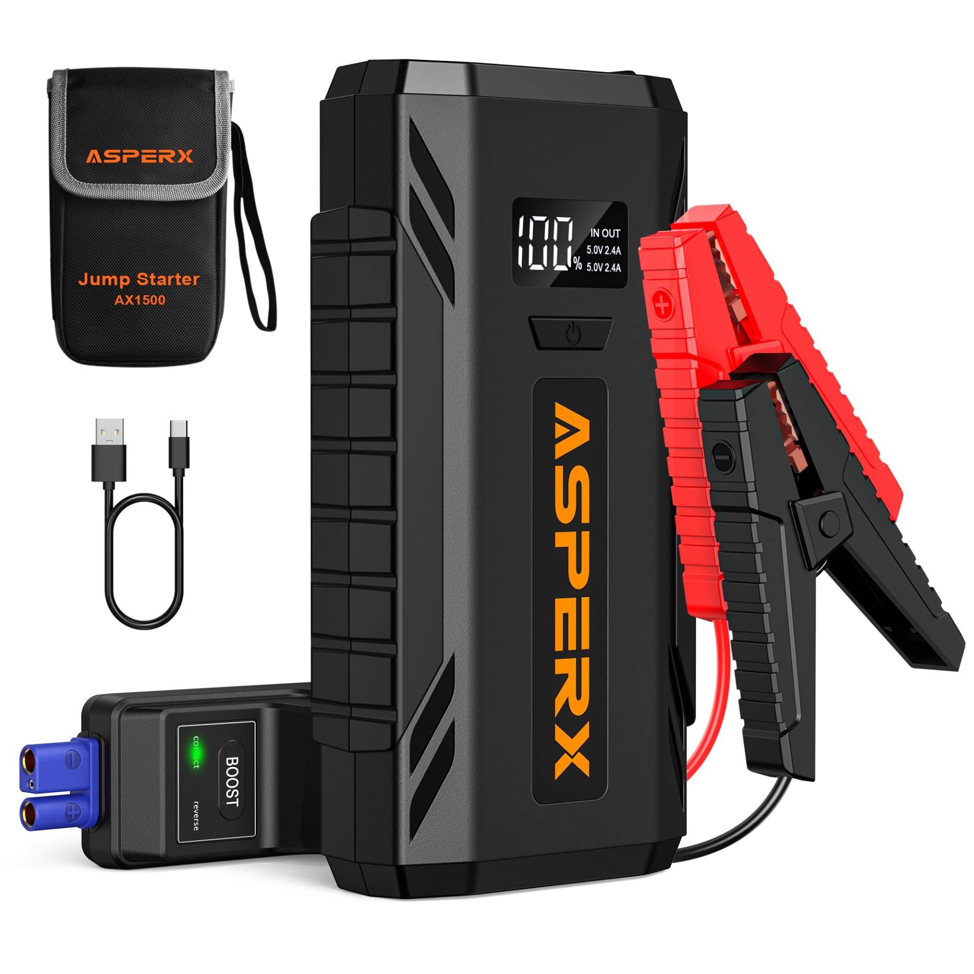 AsperX Starthilfe Powerbank 1500A 12V (Bis Zu 7,0L Benzin Oder 5,5L Diesel) Auto Starthilfe mit LED Taschenlampe Auto Batterie Booster Starter Powerbank für 12V-Fahrzeuge SUV Motorrad ATV Rasenmäher von AsperX