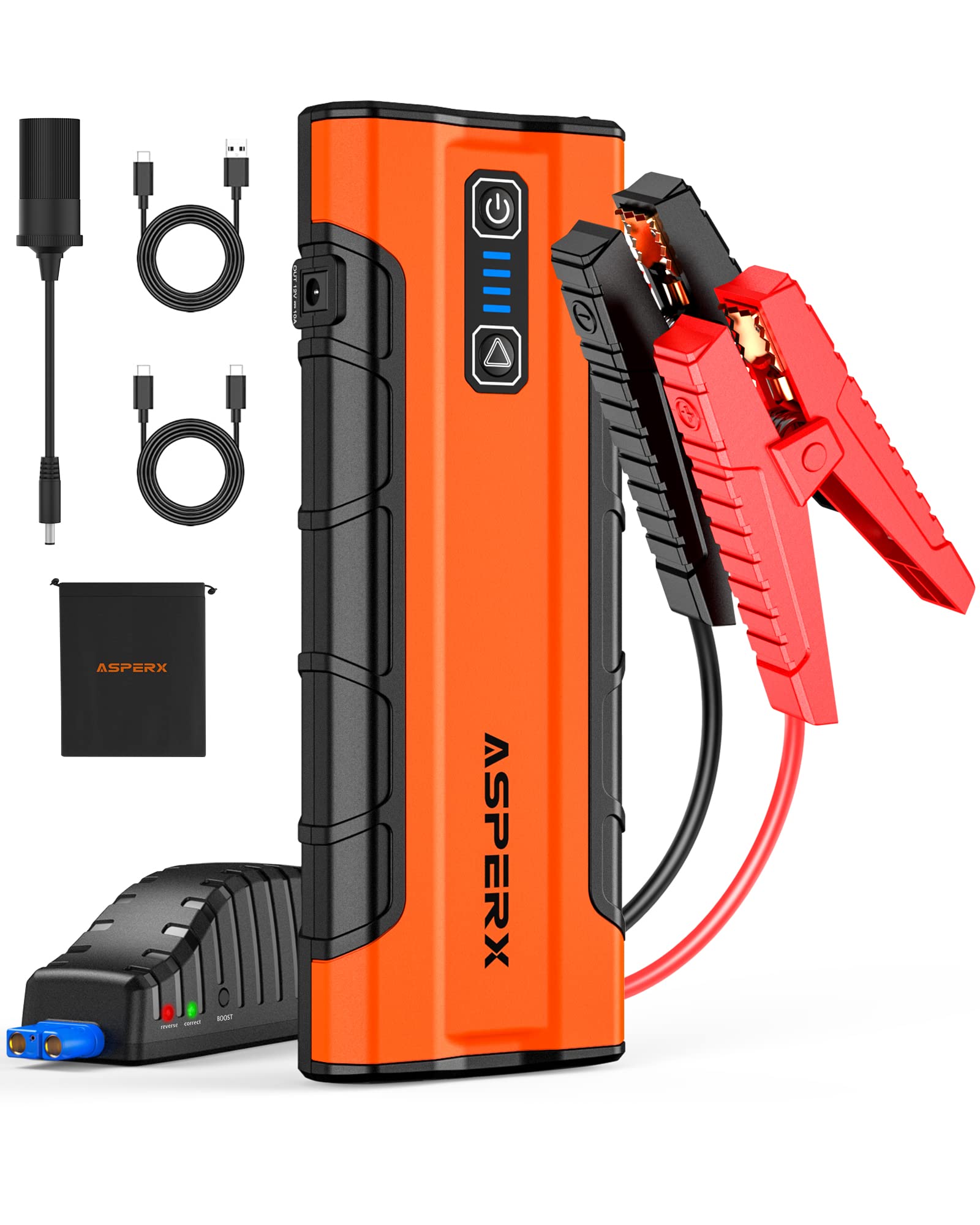 ASPERX Starthilfe Powerbank 2500A Spitzenstrom 21000mAh Tragbare Auto Starthilfe 12V Starthilfegerät für Bis zu 10L Benzin oder 7,3 L Dieselmotor mit LED Taschenlampe & 18W USB-C von AsperX