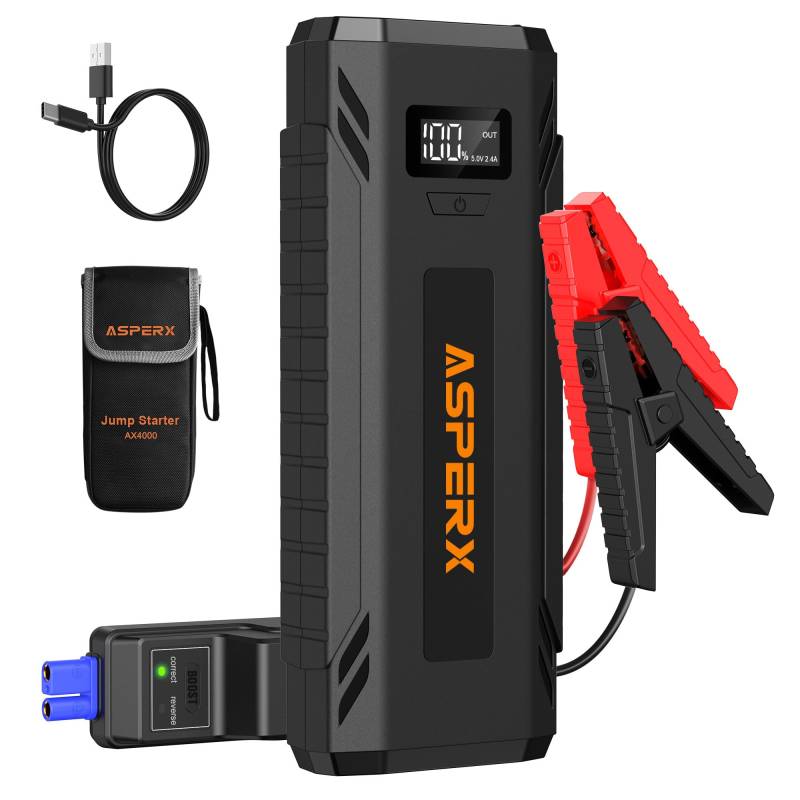 ASPERX Starthilfe Powerbank 4000A, Tragbare Auto Starthilfe für 12V-Fahrzeuge (bis zu Alle Benzin oder 10L Diesel) mit LED Taschenlampe, Starthilfekabel und 1,4 Zoll LCD Bildschirm von AsperX