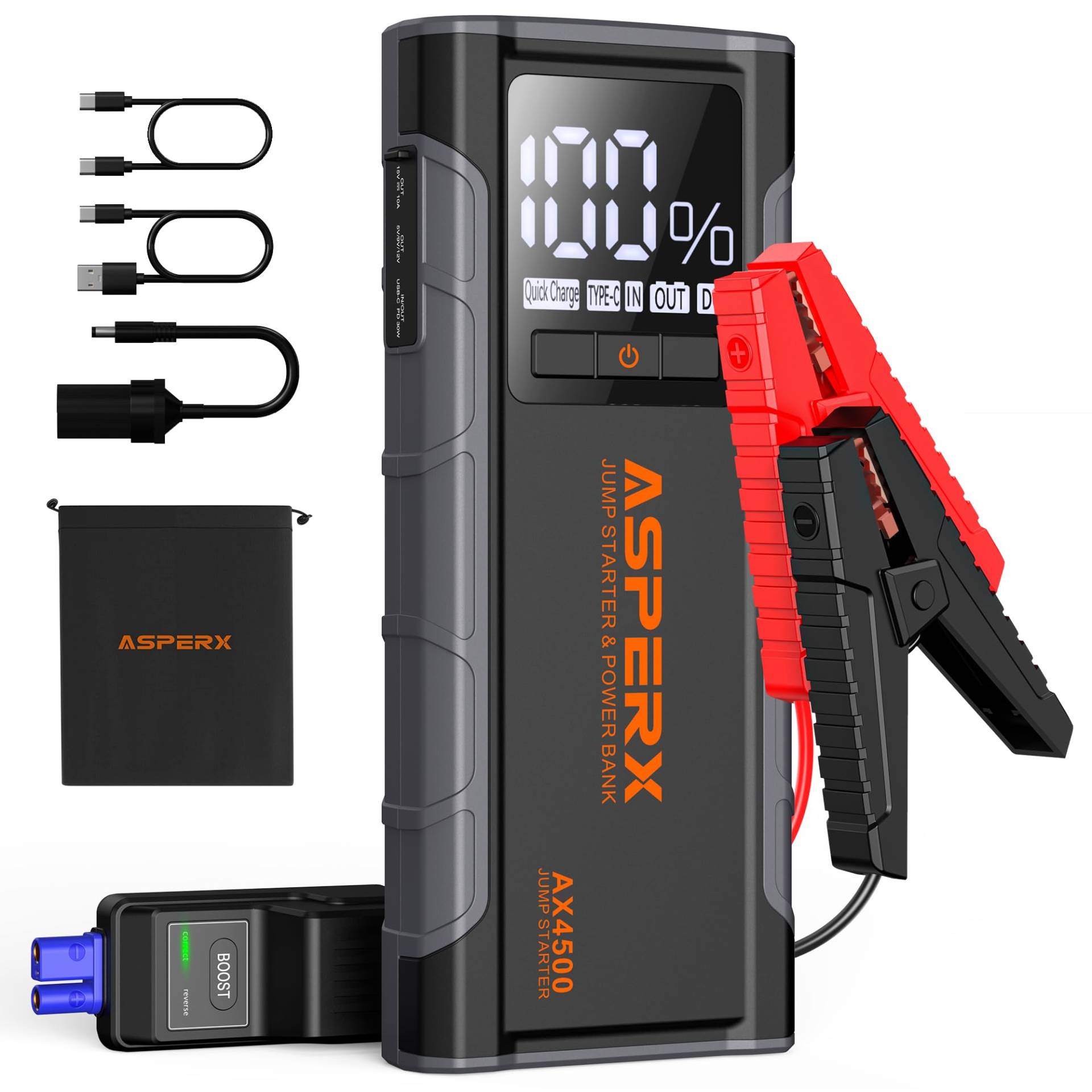 AsperX Starthilfe Powerbank 4500A 12V(Bis Zu Alle Benzin Oder 10,0 L Diesel) Auto Starthilfe Mit LED Taschenlampe,PD 30W USB-C Und 4 Zoll LCD Bildschirm Starthilfegerät Für Auto LKW SUV Kombi von AsperX