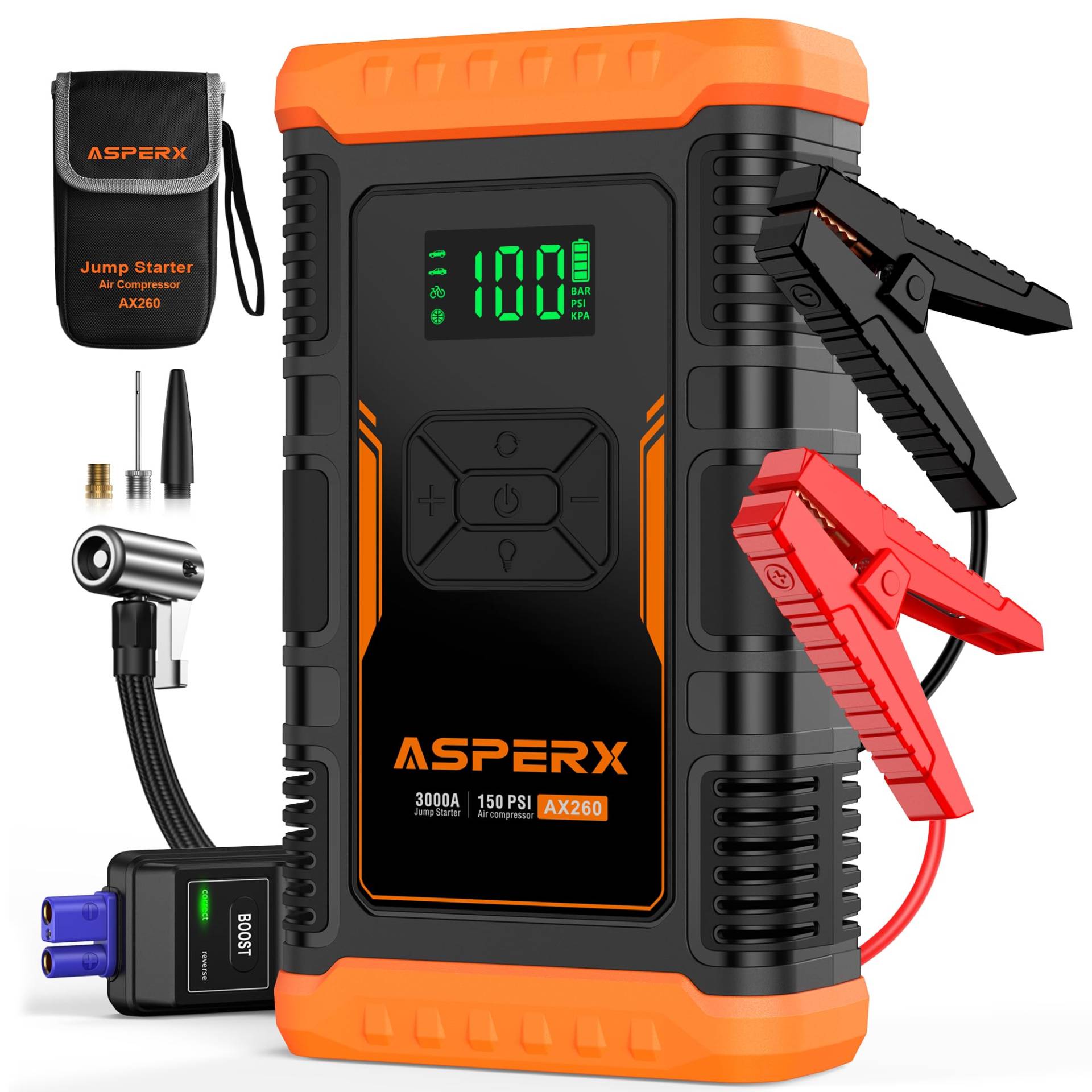 ASPERX Starthilfe Powerbank mit Kompressor,150PSI 3000A Auto Starthilfe Powerbank (Bis Zu 10L Benzin Oder 8L Diesel) Mit LED Taschenlampe Starthilfekabel 5-in-1 Jump Starter Für Motorrad SUV von AsperX