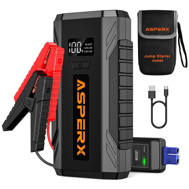 AsperX Booster Autobatterie 2000A, tragbares 12V Autobatterie-Ladegerät (bis zu 8,0L Gas oder 6,5L Diesel), Starterbatterie mit LED-Lampe und 1,4-Zoll-LCD-Bildschirm von AsperX