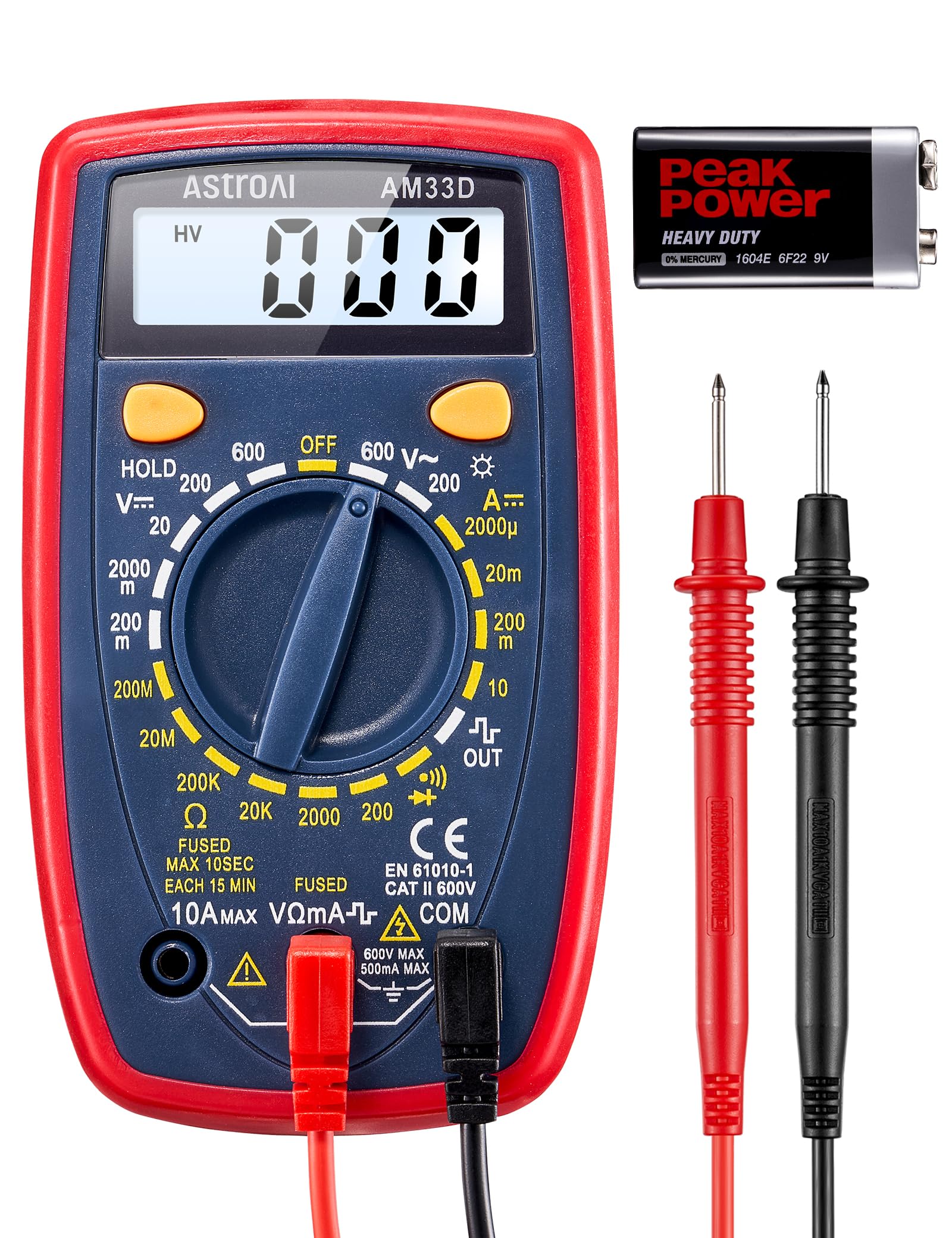 AstroAI Digital Multimeter mit Ohm Volt Ampere Spannung Tester Messung von AC/DC Spannung, DC Strom, Widerstand, Diode, Kontinuität Messinstrument mit Hintergrundbeleuchtung, Tiefrot von AstroAI